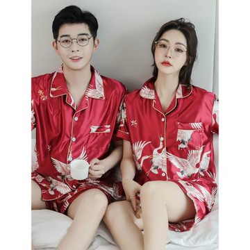 情侶睡衣夏季男女冰絲短袖加肥加大碼胖MM200斤大紅色結婚家居服