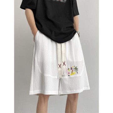 冰絲短褲男夏季薄款透氣五分褲美式復古刺繡沙灘褲直筒休閑運動褲