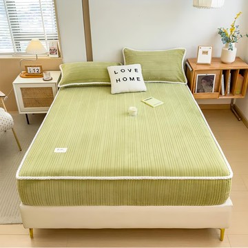 日系牛奶絨加厚床包3件組 壓紋提花款  床包(200 x 150cm) +  枕套2個(74 x 48cm)  酪梨綠