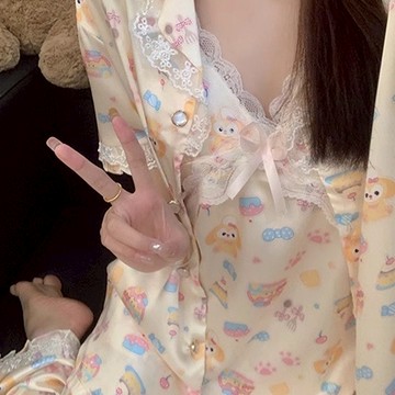 睡衣 甜美可愛開衫睡衣 可外穿 家居服  寬鬆睡衣 卡通睡衣  休閒懶人睡衣 短袖短褲 兩件套 睡衣套裝