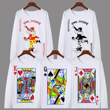 撲克牌圖案長袖t恤男裝潮流春季男女打底衫圓領青少年衣服男生