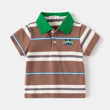 WELLKIDS - 休閒翻領短袖上衣-M字條紋-咖啡色