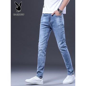 花花公子2025春夏季薄款牛仔褲男士修身彈力小腳褲淺色休閑長褲子