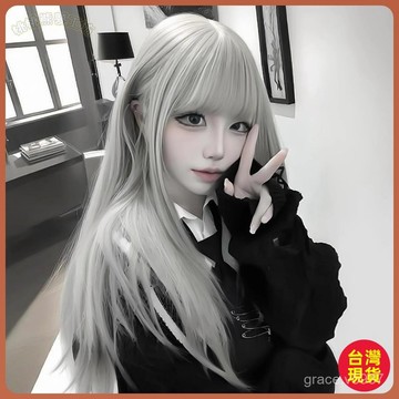 【全臺免運 桃園出貨】假髮 女長髮 lolita 地雷係 長直髮 銀灰色 空氣劉海 日常蓬鬆 jk 全頭套式 假髮女整頂