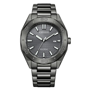 CITIZEN GENTS 光動能 八角形 格紋錶盤 時尚男錶-全黑41mm BM7637-81H 送禮 禮物 推薦