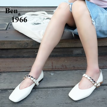 Ben&1966高級頭層牛漆皮舒適方頭包鞋-米白(218052)
