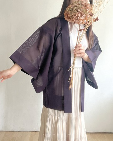日本製古著夏羽織和服外套紫色網紗薄款