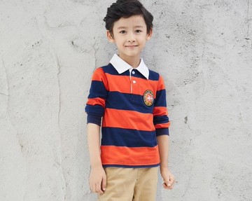 男童打底衫  童裝男童長袖t恤款大童純棉條紋打底衫兒童翻領T恤上衣  瑪麗蘇