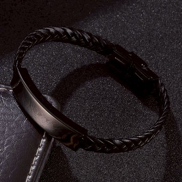 【BRAVOMART】黑色不鏽鋼平編真皮手環 皮革手鍊 編織手鍊 客製化刻字 生日禮物 送禮推薦 男生禮物 交換禮物