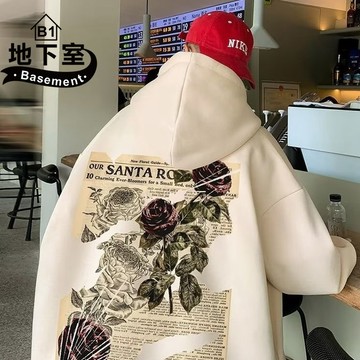 地下室B1-情侶帽T 歐美潮流百搭玫瑰印花長袖T恤 男生衣服 情侶裝 衣服男 衛衣 大尺碼5XL【NL663048】