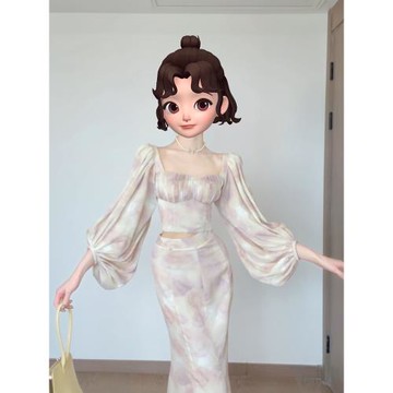 秋季搭配一整套小香風法式方領燈籠袖上衣包臀魚尾半裙印花套裝裙