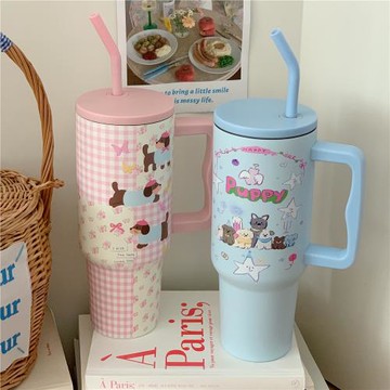 可愛小狗保溫杯女生高顏值大容量水杯帶把手吸管杯便攜不銹鋼杯子