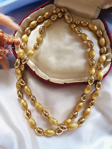 美國西洋古董飾品 / 金漾長橢圓霧金刷紋摩登雙層項鍊/復古首飾