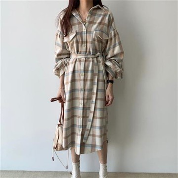 【米蘭精品】連身裙長袖洋裝-復古撞色格子襯衫裙女裙子2色74kd48