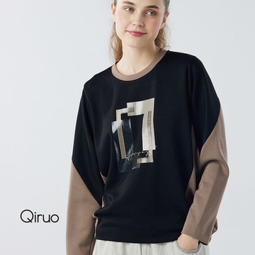 【Qiruo 奇若】秋冬專櫃黑咖長袖上衣6017A 彩繪紋路設計