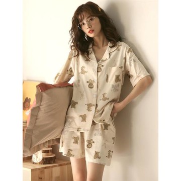 2025新款睡衣女夏季純棉薄款短袖開衫可愛卡通獅子家居服兩件套裝