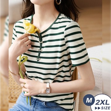 【LANNI 藍尼】現+預 清新條紋撞色環扣上衣(春夏/短袖上衣/華夫格紋/版型偏小)