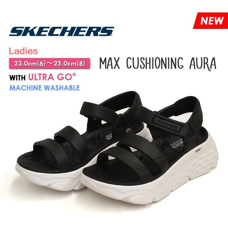 スケッチャーズ サンダル マックス クッショニング オーラ レディース ブラック/ホワイト 厚底 スポサン SKECHERS Max  Cushioning Aura 111126 | LINEショッピング