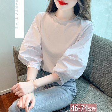 圓領純色七分燈籠袖上衣 M-2XL【375024X】【現+預】☆流行前線☆