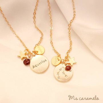【焦糖小姐 Ms caramelo】星座項鍊 2月水瓶座項鍊 Aquarius 石榴石&鋯石項鍊 (可雙面配戴)