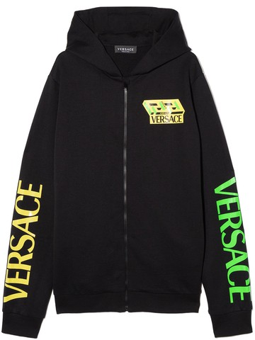 Versace Kids - TEEN logo-print zip-up hoodie - kids - Cotton - 8 - Black