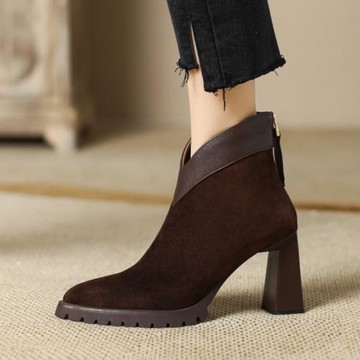 復古小個子尖頭防水臺真皮短靴女粗跟厚底氣質短筒時裝靴棕色8cm