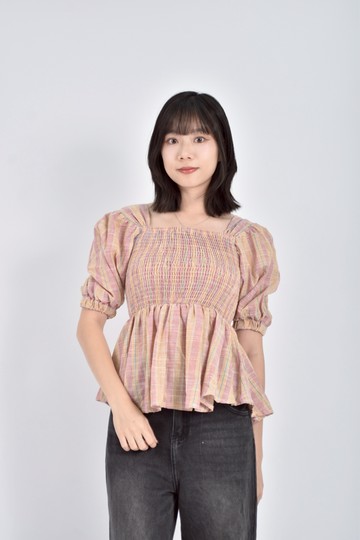 加購優惠(S) duo duo質感格紋公主袖粉色短袖上衣