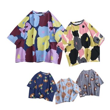 2025年女夏新款個性花色圓領寬松慵懶風減齡舒適印花短袖t恤上衣