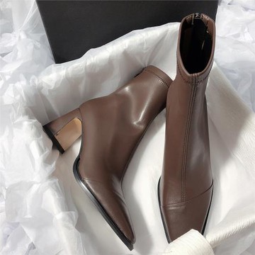 森嶼海巷 法式氣質 2025新款真皮高跟方頭彈力棕色粗跟短筒瘦瘦靴