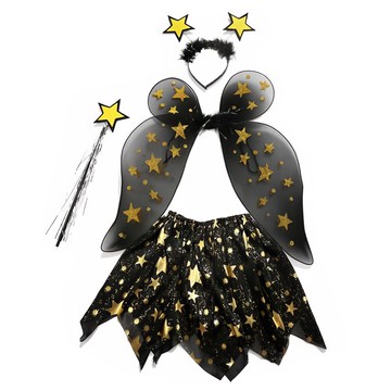 MODACore 摩達客 四件組合 萬聖節派對裝扮  翅膀(45 x 35cm) + 手杖(33 x 7cm) + 髮箍(21 x 20cm) + 裙子29cm  黑色 + 金色  1組