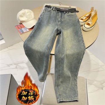 復古顯瘦遮胯高腰老爹牛仔褲女秋冬新款加絨加厚保暖寬松哈倫褲潮