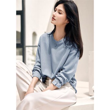 XWI/欣未通勤簡約休閑螺紋衛衣女2024年秋季新款寬松長袖百搭上衣