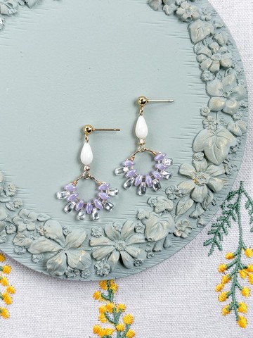 日式串珠-貝殼煙火花耳環-淡紫+透明日本珠