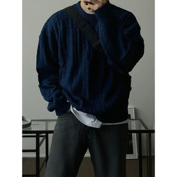 深藍色麻花紋落肩外穿針織衫男韓系慵懶毛織衫加厚圓領打底衫毛衣