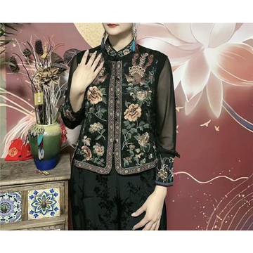 春夏秋民族風高檔女裝復古立領提花緞面薄款刺繡馬夾外穿中式馬甲