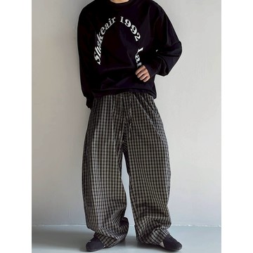 【SEMPLICITA】韓國 Baggy 復古 格紋 寬褲 長褲 休閒 寬版 男女皆可