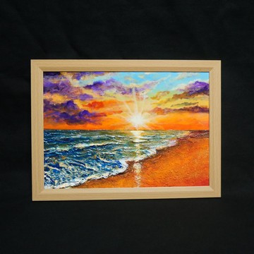 油畫【夕陽染紅的海】
