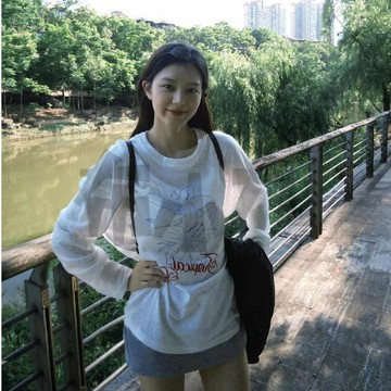 【佈小九】【佛山布】慵懶風防曬罩衫女 夏季印花長袖t恤 韓系chic上衣 薄款防曬上衣  防曬長袖T恤 夏季女裝 小個子
