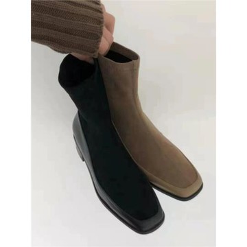 小池在首爾2023秋季新款ins網紅方頭絨面拼接女靴低跟瘦瘦靴短靴