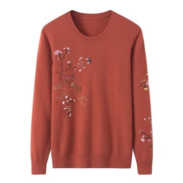 100純山羊絨衫女大碼秋冬寬松圓領休閑針織刺繡保暖毛衣毛衫E2501