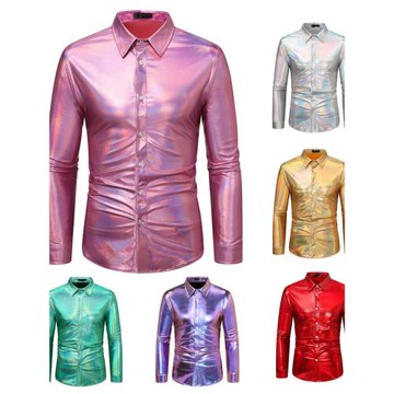 英倫夜店復古反光襯衫男修身長袖歐版大碼亮面仿皮襯衣舞臺演出服