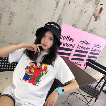 芝麻街印花短袖t恤女春夏裝新款打底衫女內搭寬松純棉上衣1入