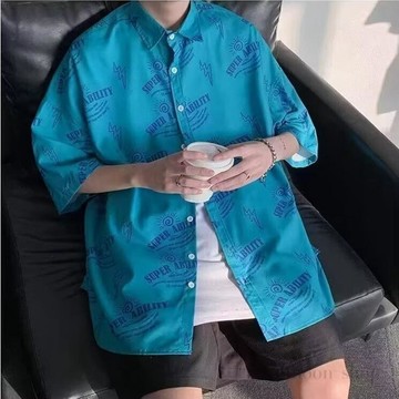夏季港风痞帅字母衬衫男日系潮流ins宽松薄款短袖外套半袖衬衣
