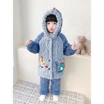 奧特曼男童睡衣冬季加厚款男孩珊瑚絨兒童三層夾棉家居服冬款套裝