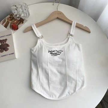 D. Studio 台灣發貨韓版個性刺繡設計感短版背心 帶胸墊免穿內衣 小可愛 背心 衣服 女裝 上衣V307