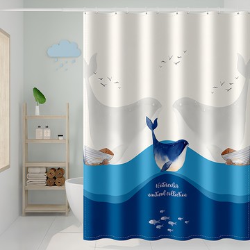 創意浴簾 雙面防水 加厚不透明 滾珠防水 速乾防黴  180 x 200cm  碧海藍鯨  1件