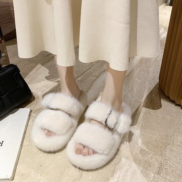 網紅毛毛女拖鞋2021平底松糕女鞋羊絨名媛小香風秋季超火外穿潮拖