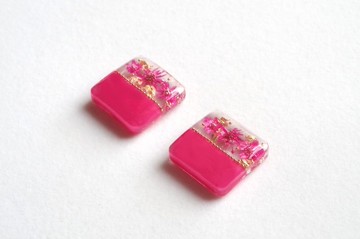 樹脂藝術 雙色花朵耳環・玫瑰粉