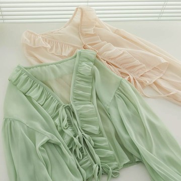 復古小眾透視荷葉邊長袖襯衫女上衣夏季新款氣質寬松防曬外搭