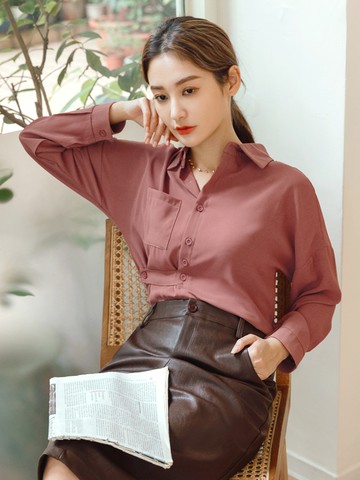 不對稱落肩前開襟裝飾釦長袖襯衫上衣